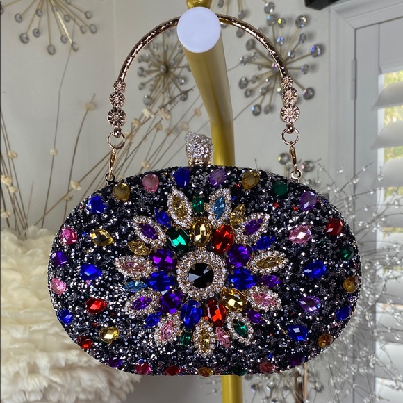 Multi-Color Crystal Embellished Black Oval Clutch with Gold Chain - Picture 1 of 5